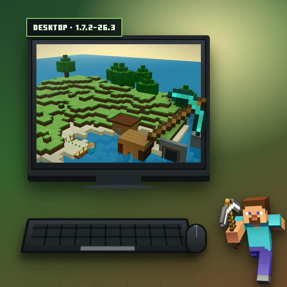 Blocky desktop setup with a monitor showing the HenryGetz spawn harbour, keyboard, mouse, a leaning diamond pickaxe, and official Steve running in.